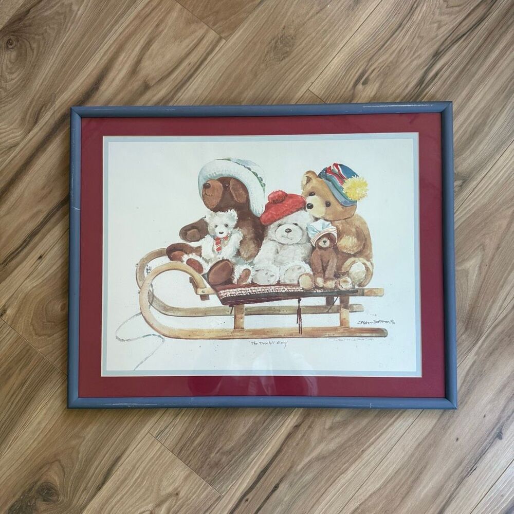 Original Dawna Barton Watercolor “The Downhill Gang” Christmas Bear Signed Frame